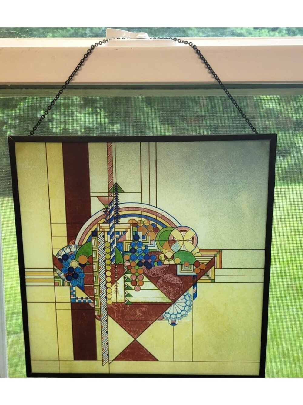 Frank Lloyd Wright  May Basket Stained Glass Metal Framed Hanging 10'' No Base